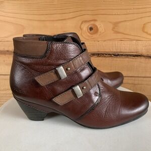 Taos‎ Red Brown Leather Ankle Boots 40 Eu/ 9.5 Us Side Zip Buckle Strap Heel